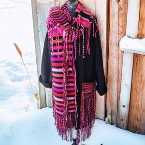 Black long Sweater and Scarf Fringe Fringe Large/XL